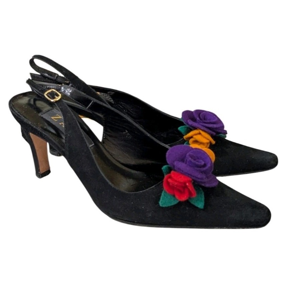 Vintage Rare Suede ZALO Black Ornate Slingback Heels 7.5M Made in Spain Orig Box